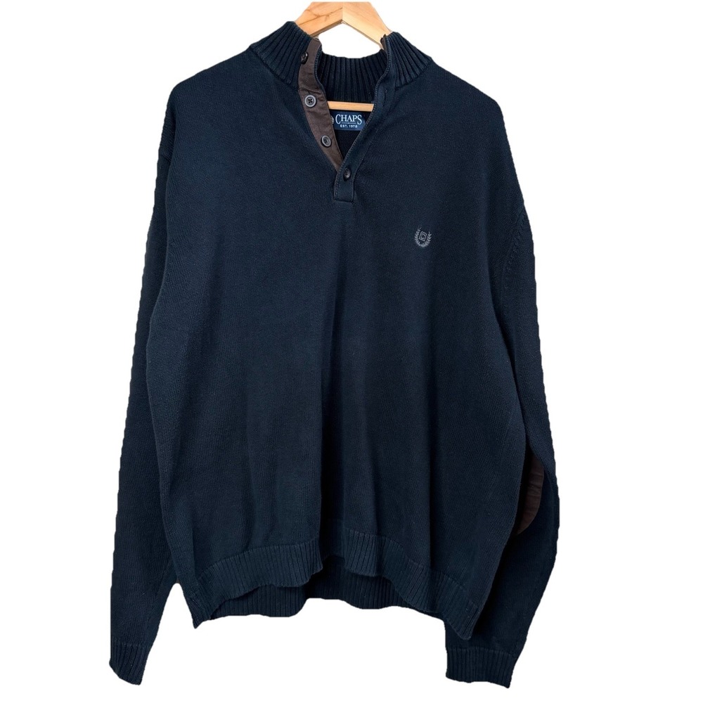 CHAPS Classic Sweater Mock Neck Mens‎ SZ-XL Elbow Patches Classic Pullover Black